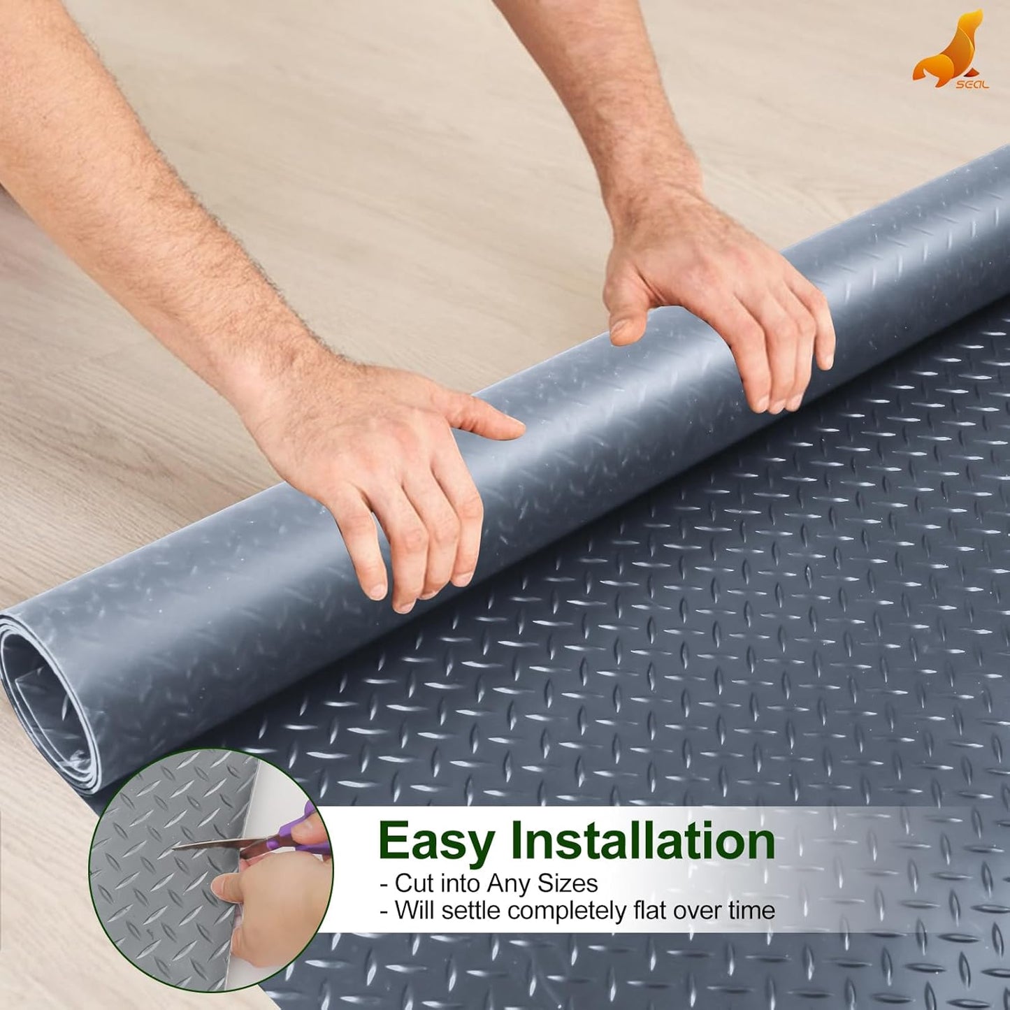 SEAL 5 x 10 Ft Premium Garage Floor Mat, Solid 2.8mm Thick Gray Commercial Grade Heavy Duty Parking Mat for Garage Floor, Golf Cart Parking, Water/Stain Resistant Floor Runner (Embossed Diamond Plate)