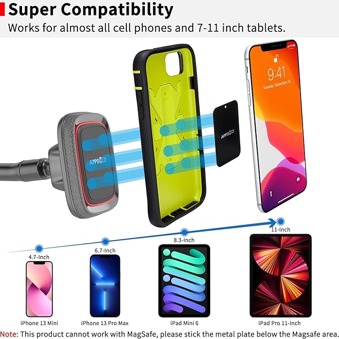 APPS2Car Magnetic Phone Holder for Car, 14-Inch Anti-Shake Windshield Phone Mount for Truck [Flexible Long Arm], Gooseneck Cell Phone Car Mount [6 Strong Magnets] Fit for iPhone & Android Smartphones