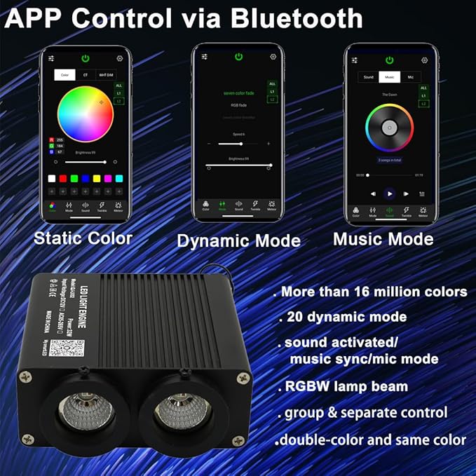 AZIMOM Dual Color 32W Sound-Activated 1300pcs Fiber Optic Starlight Headliner Kits 0.03in 13.1ft Fiber Strands APP/Bluetooth Remote Control Music Sensory Star Ceiling Home Car Roof Decor