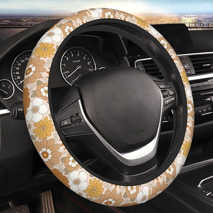 Retro Flowers Steering Wheel Cover for Men Women Universal Car Accessories 15 Inch Neoprene Auto Interior Decor