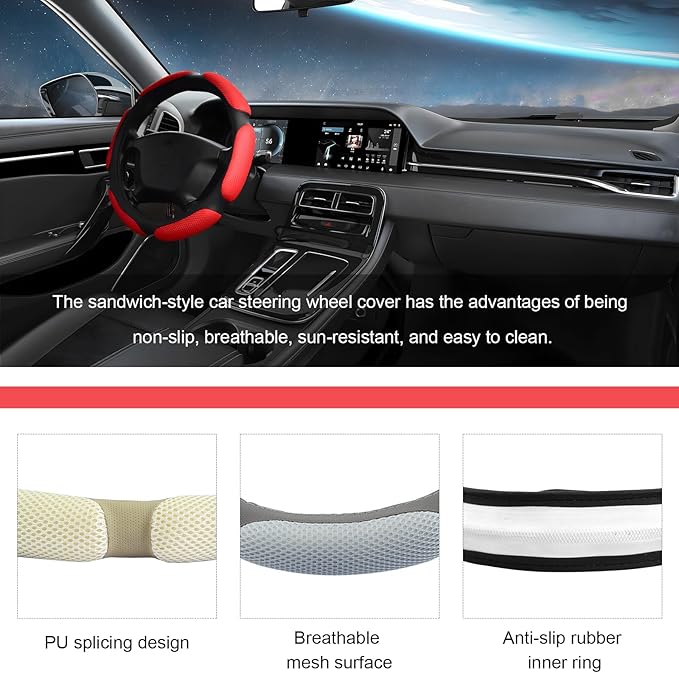 Car Steering Wheel Cover, 15" Breathable Ice Silk Auto Wheel Protector with Comfortable Grip, Anti-Slip Slip-on Steering Wheel Wrap Soft Hand Pad Cushion for Women Men (Red)