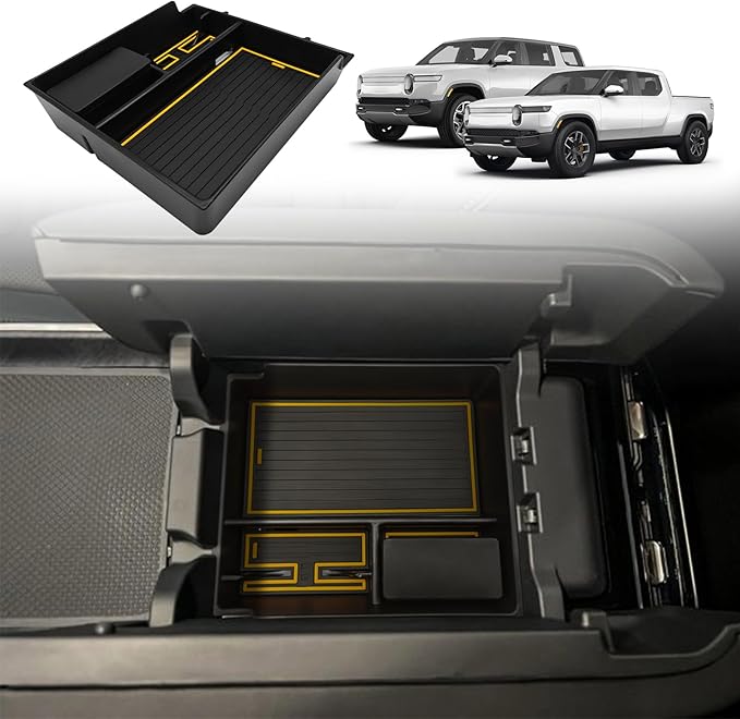 BestEvMod Center Console Organizer Tray Compatible with 2022-2025 2026 Rivian R1T/R1S Removable Coin Holder Armrest Storage Box ABS Material with PVC Trim Accessories (V3 Yellow)