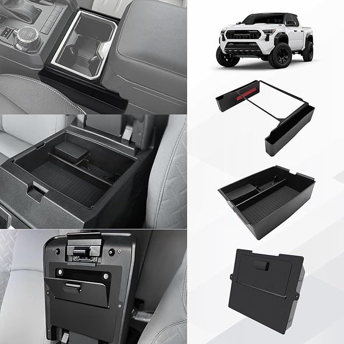 Muslogy Center Console Organizer Compatible with 2024 2025 2026 Toyota Tacoma 4th Gen Accessories Interior Storage Box Insert Tray Phone Pocket(Console Organizer+Hanging Storage +Hidden Box)