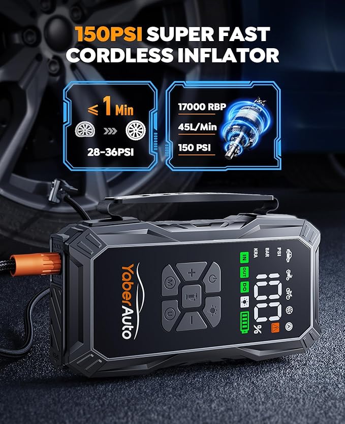 YaberAuto 10-in-1 Jump Starter with Air Compressor 6000A 150PSI Car Battery Jump Starter (All Gas/10L Diesel) 12V Jump Box Car Battery Jumper Starter Portable Jumper Cables, 150W DC, Gloves, Lights