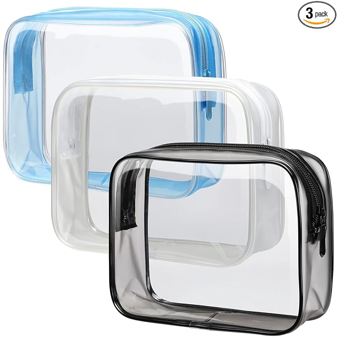 PACKISM Clear Toiletry Bag - 3 Pack TSA Approved Toiletry Bag Quart Size Bag, Travel Makeup Cosmetic Bag for Women Men, Carry on Airport Airline Compliant Bag, Black-Blue-White
