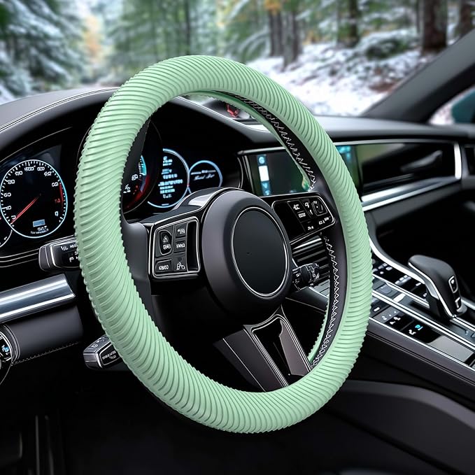 WOCOCN Car Steering Wheel Cover, Thin Anti-Skid Silicone Steering Wheel Cover for Men & Women, Universal Automotive Interior Accessories for Most Cars (Light Green)