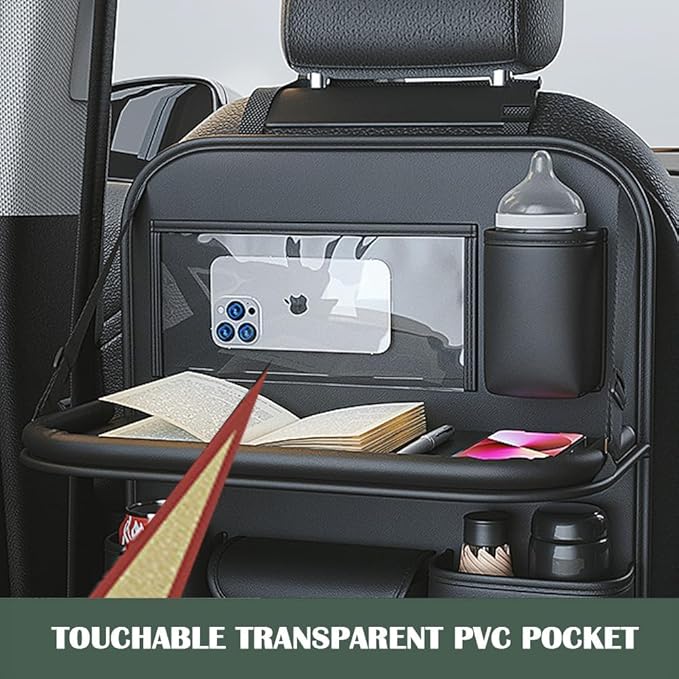 2 Pack Leather Car Backseat Organizer with Foldable Table Tray, Car Storage Organizer with Tablet Holder, Car Seat Back Protectors Kick MatsTravel Accessories