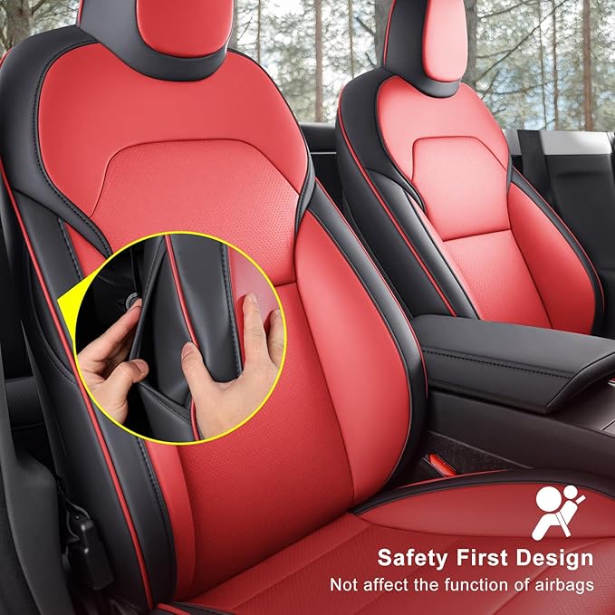 Nappa Leather Car Seat Covers Compatible with 2025–2026 Tesla Model Y Juniper, Bright Red & Black Two-Tone Design, Custom Fit Full Set, Airbag Compatible Car Interior Cushion Covers