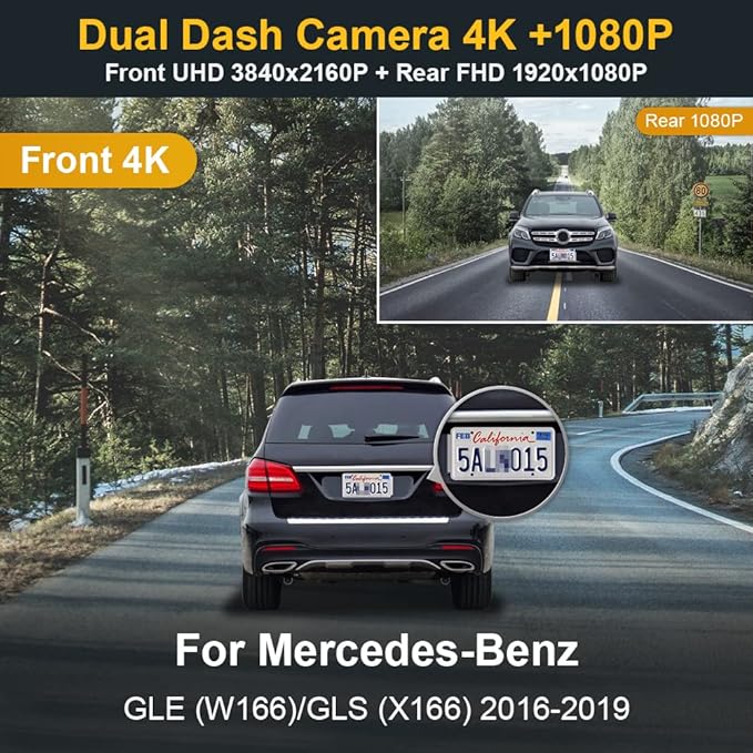 Fitcamx Dual 2160P+1080P Dash Cam Adapts for Mercedes-Benz GLE GLS 2016-2019 (Model A) W166 X166, OEM Factory Look, 2 Way HD Video, Loop Recording, WiFi & APP, G-Sensor, Easy to Use, 128GB Card