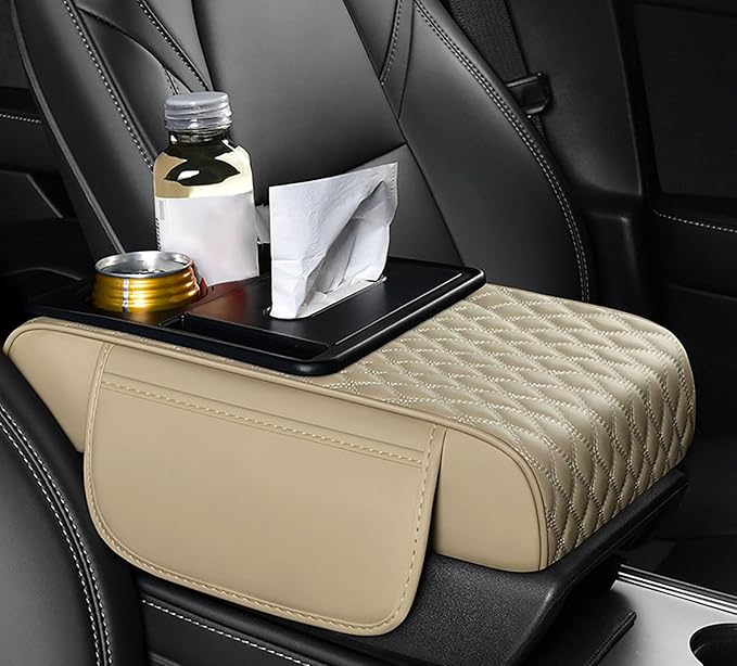 Car Armrest Center Console Cover for Jeep Compass 2. Generation 2021 2022 2023, Center Console Pad with Cup Holder, Multifunctional Armrest Cushion,E Beige