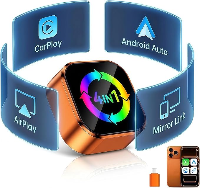 4-in-1 Wireless CarPlay Adapter with Screen Mirroring, Watch Netflix/YouTube in Car, Android Auto AirPlay Mirror Link, Plug & Play No App, Compatible with 800+ Cars iPhone Android