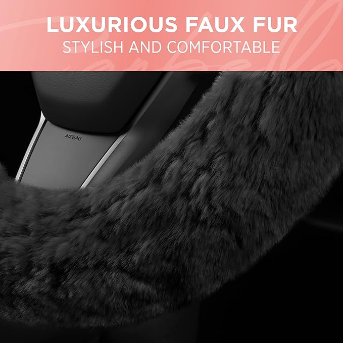 Carbella Aspen Black Fuzzy Steering Wheel Cover for Women ‚Äì Cute and Stylish Fluffy Fur Steering Wheel Cover for Cars Trucks Vans SUVs, Universal Fit for Wheel Sizes 14.5 to 15.5 inches
