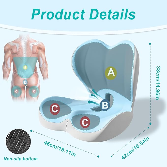 Seat Cushion for Office Chair and Car, Lumbar Support Pillow for Office Chair, Memory Foam Ergonomic Seat Cushion for Long Sitting, Back & Tailbone Pain, Sciatica - Blue & Gray