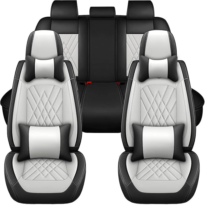 Car Seat Covers Compatible with Toyota Camry 2012-2026 Durable Waterproof Automotive Seat Covers Stretchable Fabric Material,Airbag Compatibility,Nappa Leather(Black White,Full Set with Pillow)