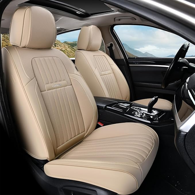Coverado Front and Back Seat Covers for Cars, Automotive Seat Covers for Trucks, Nappa Leather Car Seat Covers, 5 Seats Waterproof Carseat Protector Car Seat Cover Beige, Universal Fit for Most Cars