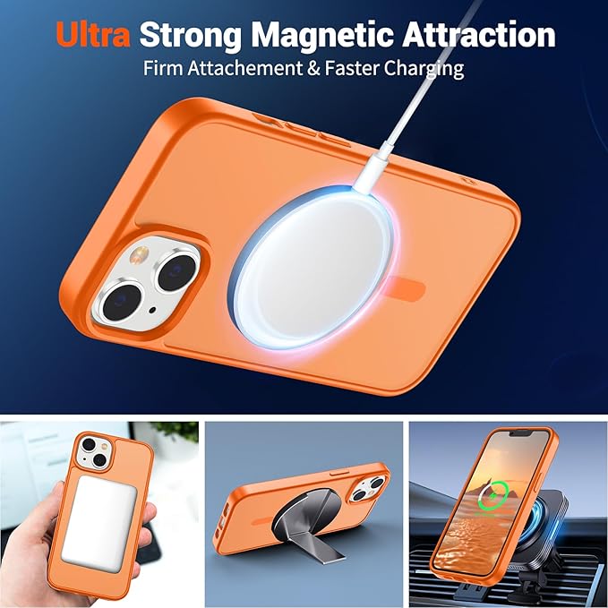 SUPFINE Magnetic for iPhone 14 Case & iPhone 13 Case with Screen Protector (Compatible with MagSafe)(Military Grade Drop Protection) Translucent Matte Shockproof Phone Cover,Starry Orange