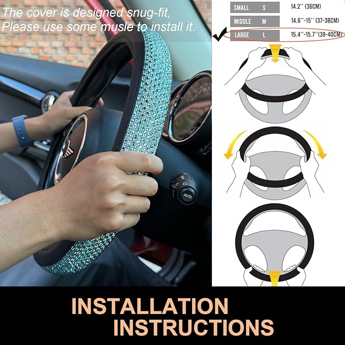 PINCTROT Large Size Bling Comfy Steering Wheel Cover with Jumbo Crystal Rhinestones, Anti-Slip Diamond Leather, 15.5-15.75 Inch (Sky Blue)
