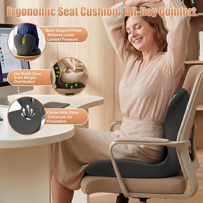 Car Seat Cushion with Lumbar Support for Long Driving Truck RV, 3" Lift Breathable Ergonomic Memory Foam Cushion for Hip, Coccyx, Sciatica, Tailbone & Lower Back Support Van Office Chair (Embroider)