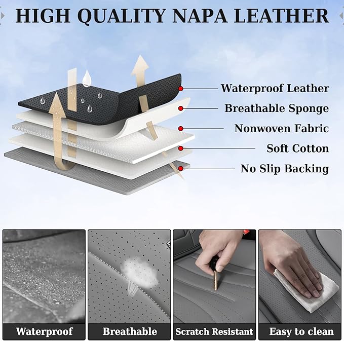 Coverado Car Seat Covers Full Set, Luxury Nappa Leather Seat Covers, Waterproof Seat Cover for Cars, Front and Rear Seat Cover Car Seat Protector, Automotive Seat Cover Universal Fit Most Cars(Gray)