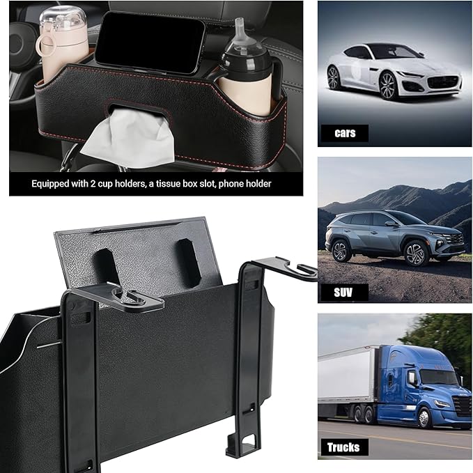 Sporacingrts 2 Pack Black Car Seat Back Organizer with Cup Holders, Tissue Box, Hooks, Phone Slot, PU Leather Storage Box for Backseat, Universal Fit for Cars SUVs Trucks