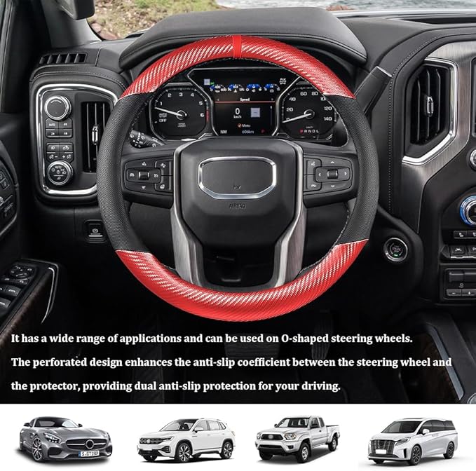 Car Steering Wheel Cover, Steering Wheel Accessories, 15 Inch Microfiber Leather Carbon Fiber Soft Anti-Slip Breathable, Car Accessories Elastic Non-Slip Cover for Most Vehicles (Red)