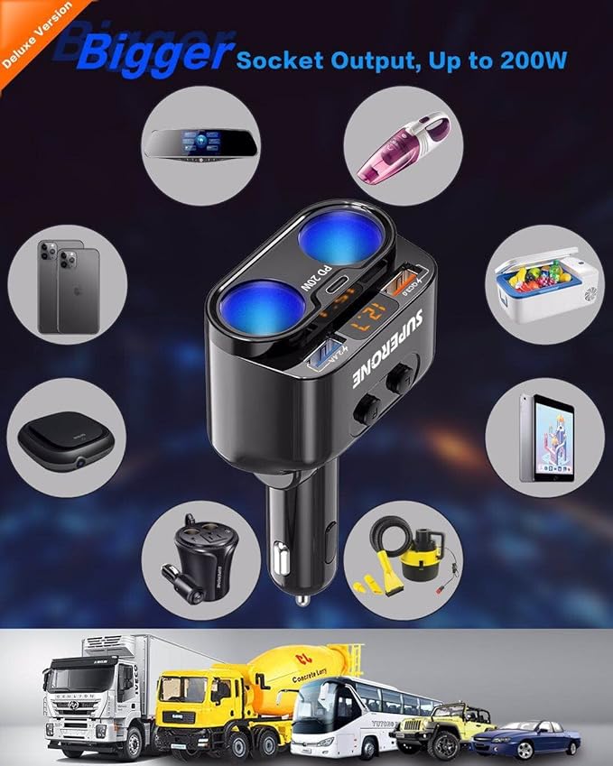 SUPERONE 200W 2-Socket Cigarette Lighter Splitter Power Adapter, USB C Car Charger with 20W Power Delivery 3.0 & QC 3.0 for iPhone 17/16 Pro Max/15/14/13/12/11 Pro/X/8, Samsung, Google Pixel and More