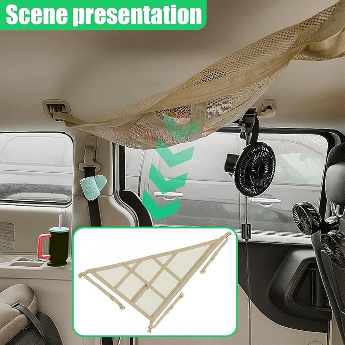 Double-Layer Car Ceiling Cargo Net, 31.49" x 20.86" Auto Roof Mesh Storage Pocket with Adjustable Buckle, 3 & 4-Handle Vehicle Interior Organizer Bag for Road Trips and Camping (Beige)