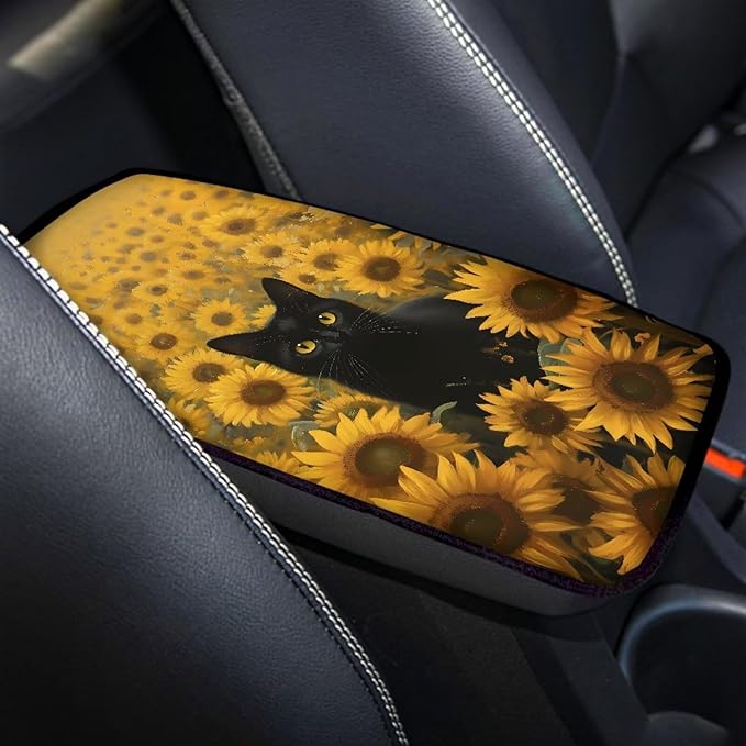 Cute Cat Car Center Console Cover Breathable Sunflower Car Armrest Cover Cushion Non Slip Middle Black Console Protector Mat Cute Cat Auto Interior Accessories Decor