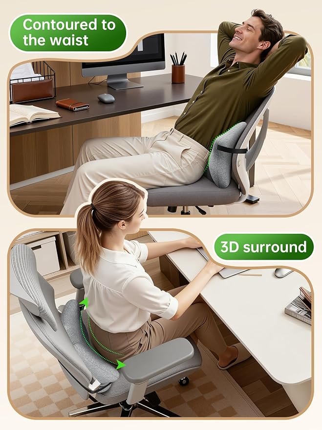 Benazcap Memory Foam Lumbar Pillow, Chair Lower Back Pain Relief Lumbar Pillow, Lumbar Support Pillow for Office, Ergonomic Design Back Support Pillow for Office Chair, Car, Home, LightGray