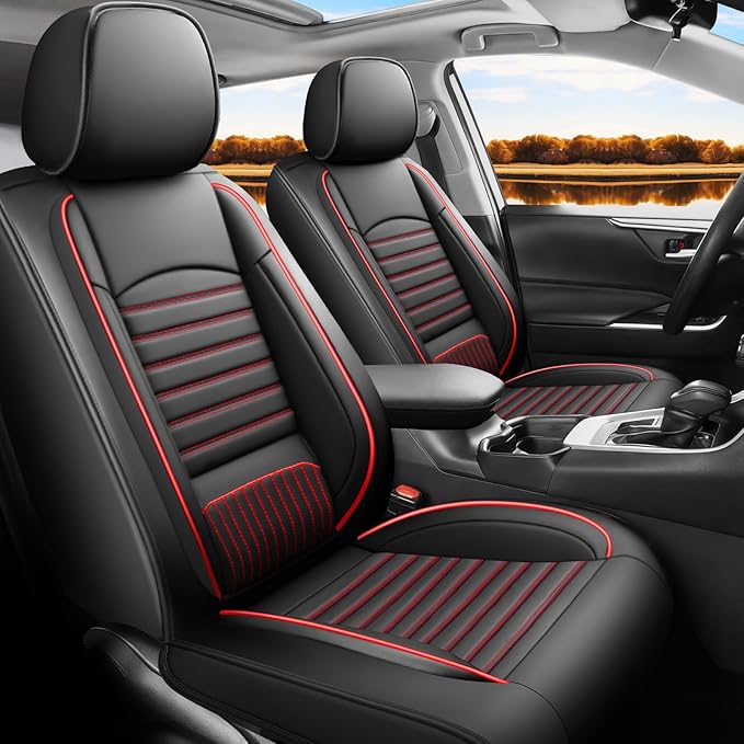 Fit RAV4 Car Seat Covers Set for Toyota RAV4 2019 2020 2021 2022 2023 2024 2025 LE,XLE,XLE Premium Limited Automotive Cushion Protector Replacement, Waterproof Faux Leather(Full Set,Black&Red)