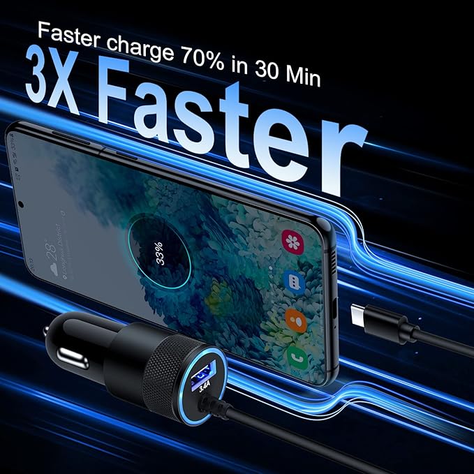 Type C Fast Car Charger for Samsung Galaxy A17/A16/A15/A14/5G/S26/S25/A56/A35/A55/A54/A13/S24 FE/S24/S23 Ultra/A53, iPhone 17e 16e, 3.4A Fast Charging Android Phone Car Charger Adapter 3FT USB C Cable