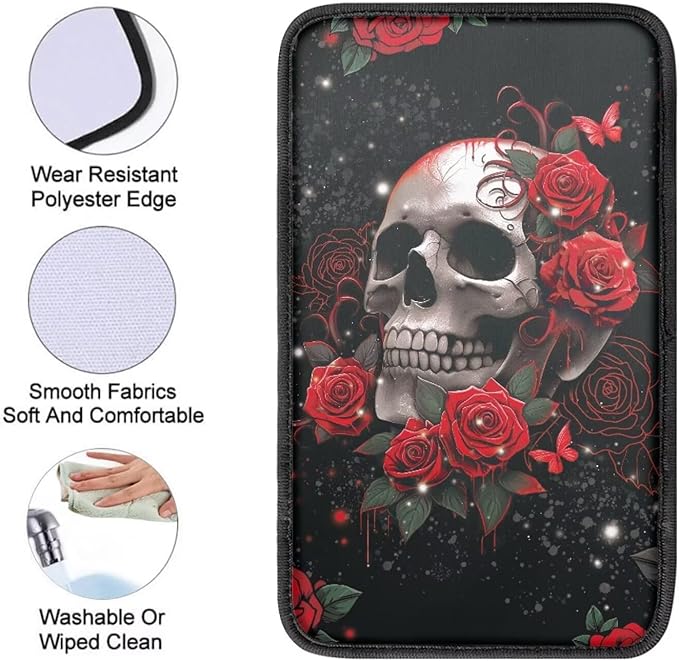 Dreaweet Red Rose Skull Center Console Armrest Pad Cover Halloween Goth Car Accessories Soft Comfort Arm Rest Cover Pad Universal Middle Console Covers for Cars SUV Truck Sedan