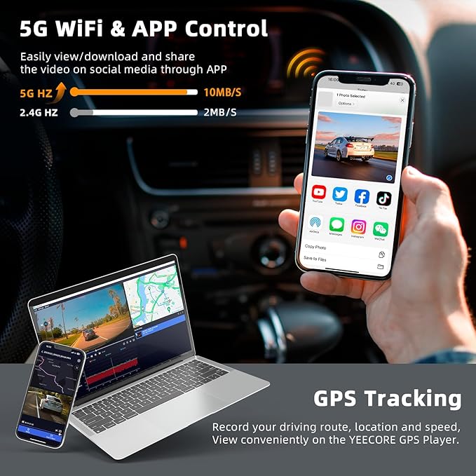 Real 4K 3 Channel Dash Cam Front and Rear Inside, STARVIS 2 HDR Sensor, 5.8GHz Wi-Fi GPS G-Sensor, 4K+1080P+1080P Dash Cam, 64GB Card Included, IR Night Vision, 3.3" IPS Screen, 24Hr Parking Monitor