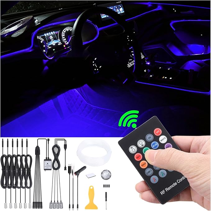 Car Ambient Lighting 64 Colors Multicoloured Music Optic Fiber RF Remote Controller Control Car DIY Decorative Atmosphere Lighting Kit DC 12V 1W 8m