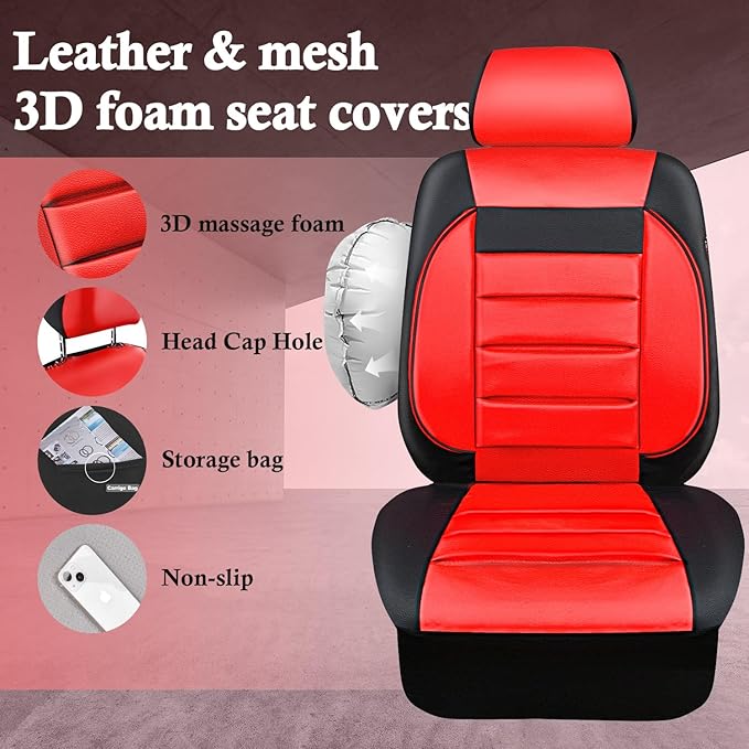 CAR PASS Leather Car Seat Covers Front Seats Only, Universal Fit Automotive Interior Waterproof 3D Foam Back Support Car Seat Covers for Trucks Vans and SUVs Airbag Compatible 2 Pieces （Black Red