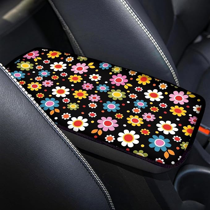 UNICEU Car Center Console Armrest Cushion Pad- Colorful Cute Daisy Flowers Print Auto Interior Decor Accessories Neoprene Armrest Box Protector Cover