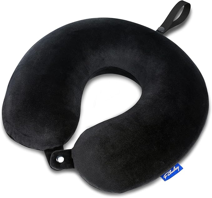 Fabuday Memory Foam Travel Pillows for Airplanes - Neck Pillow for Traveling with Attachable Snap Strap Soft Washable Cover, Flight Pillow for Sleeping, Car, Home, Office, Black
