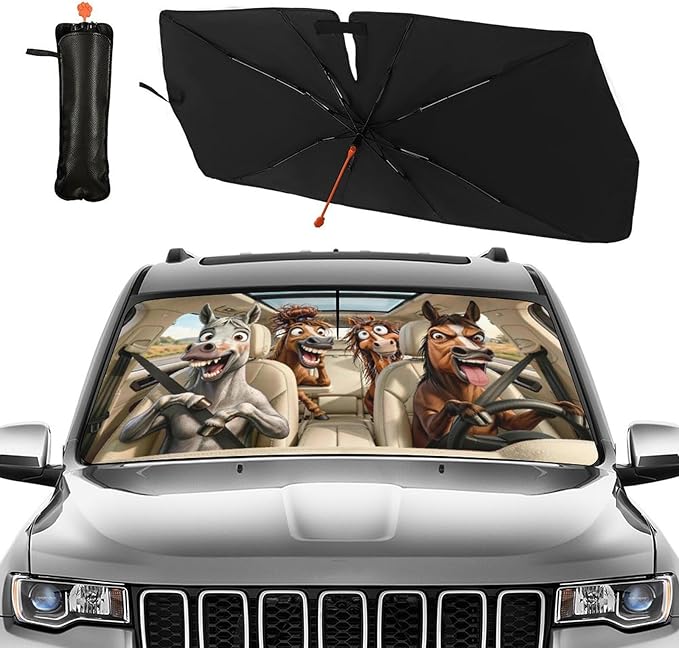 Funny Horse Car Windshield Sun Shade Umbrella Funny Horse Sunshades for Car Windshield Upgraded Sun Visor Protector for Sedan SUV Most Vehicles Printed Front Window Shades