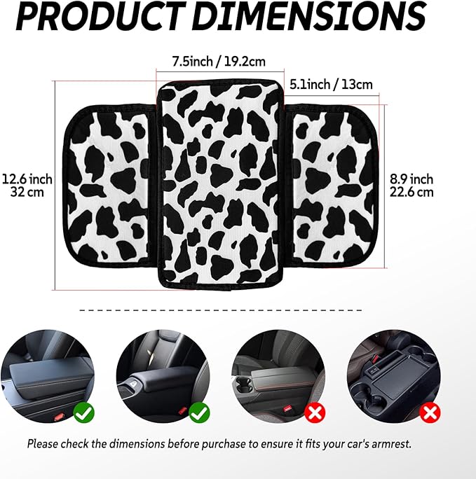Cow Print Armrest Cover with 2 Side Pockets & Storage Bags, Cute Cow Car Decor,Center Console Cover Pad Organizer, Cow Pattern Cushion Mat,Interior Accessories for Most Vehicles (Black)