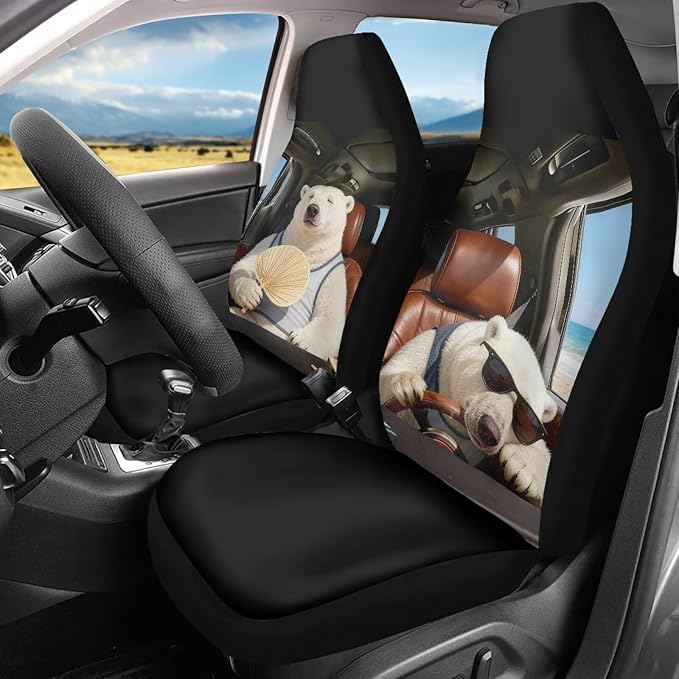 Funny Car Seat Covers 2 Pcs Automobile Front Seat Covers Polar Bear Breathable Protection Interior Accessories Anti-Slip Back Fabric Compatible with Most Cars,SUV,Sedan