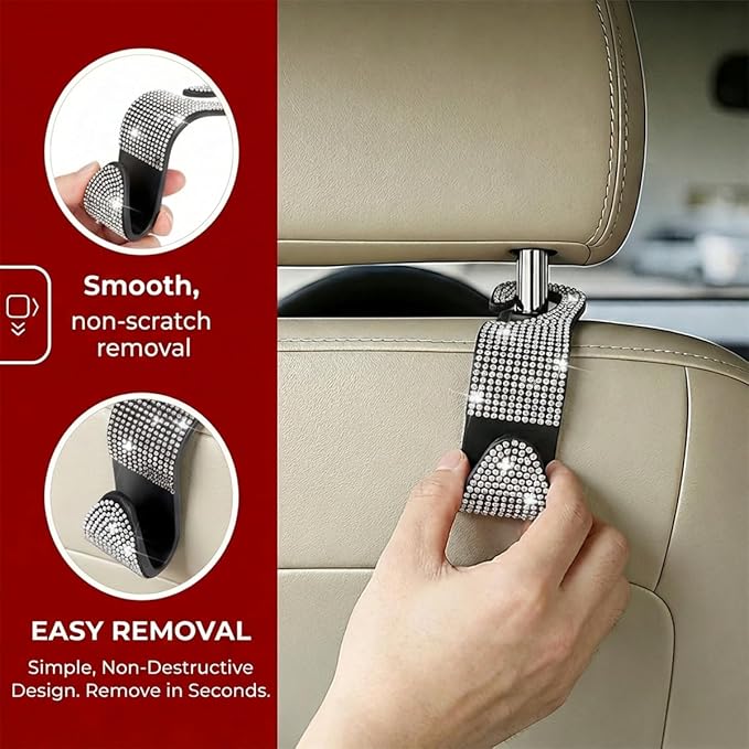 4PCS Bling Car Seat Headrest Hooks, Crystal Rhinestone Vehicle Back Seat Hanger Holder, Auto Interior Headrest Hanging Storage Organizer for Purse Handbag Coat, Universal Fit (White)