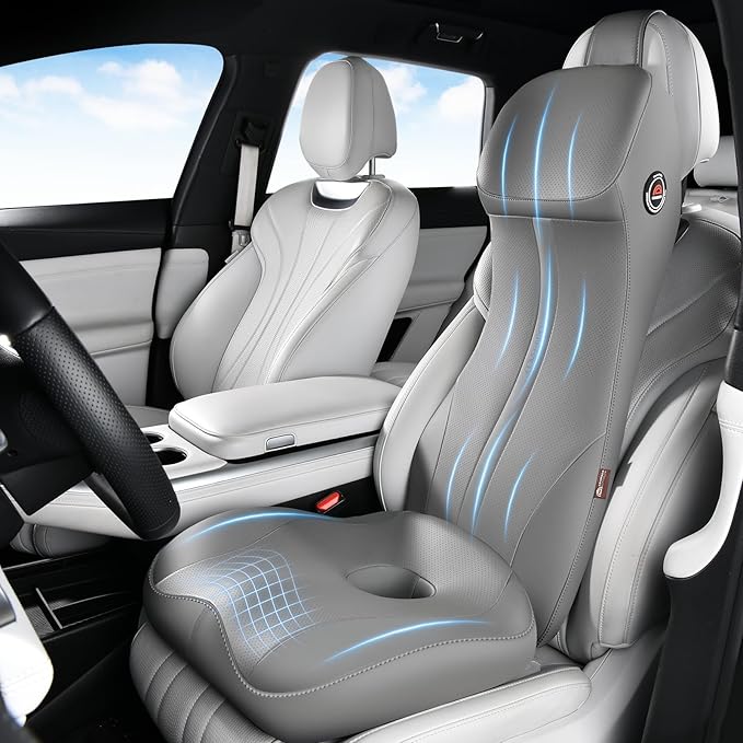 Coverado Memory Foam Car Seat Cushion and Lumbar Support Headrest Pillow, 2-in-1 Integrated Ergonomic Back Support Neck Pillow, Breathable Seat Cushion for Sciatica Back Tailbone Pain Relief, Gray