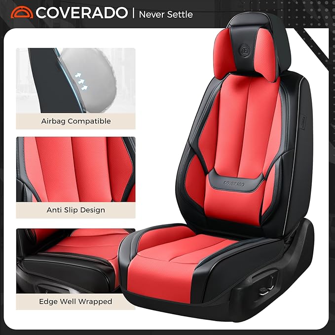 Coverado Seat Covers, Car Seat Covers Front Seats, Car Seat Cover, Car Seat Protector Waterproof, Seat Cushion Nappa Leather with Head Pillow, Carseat Cover Universal Fit for Most Cars (Black&Red)