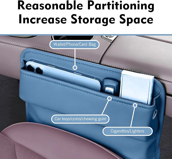 Leather Car Seat Gap Filler, Waterproof Anti-Slip Side Storage Pouch for Phones Keys Glasses Cards, Universal for Most Cars, SUVs, Trucks (Blue)