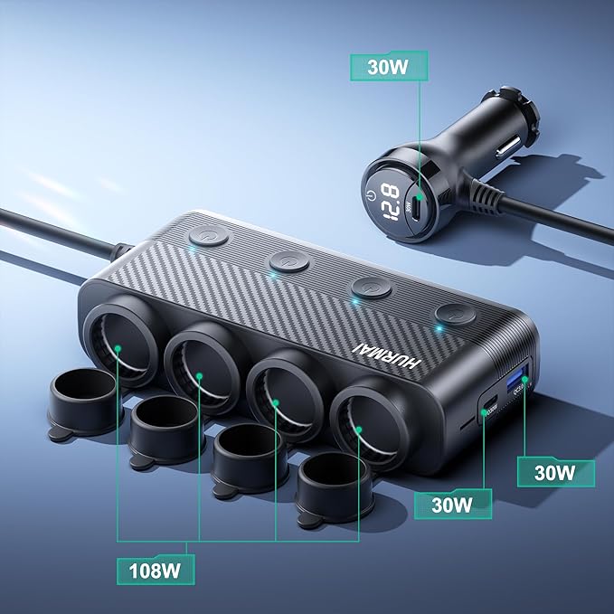 Cigarette Lighter Splitter Adapter, 216W 4 Socket Car Heavy Duty Truck Cigarette Lighter Plug Multi Port with PD30W/QC3.0 Charge USB C 12V/24V Car Plug Outlet Splitter with Independent Switches