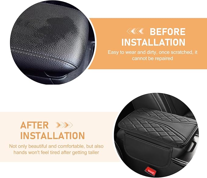 Car Center Console Pad, Leather Car Armrest Box Pad Cover, Vehicle Armrest Protector Cushion with 2 Storage Bags, Universal Arm Rest Pad for Car Interior Accessories Protect (Black)