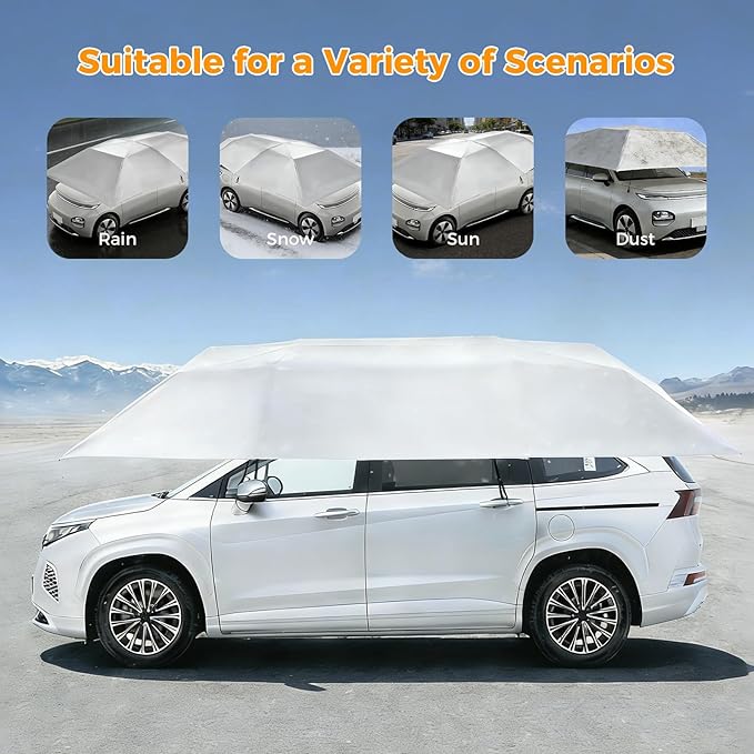 Semi-Automatic Car Tent, 3.78×7.2FT Portable Cars Umbrella Vehicles Tent Blocking UV Rays Car Roof Cover Cars Awning with Carrying Bag Sun Shades for Vehicles Roof Protection (Silver Gray)