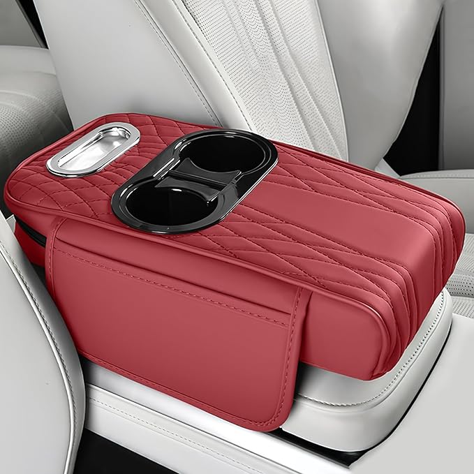wuyaoyao Car Center Console Armrest Pillow, 13.78"×7.48"×2.56" Leather Arm Rest Cover for Cars, Memory Foam Auto Armrest Cushion Pad with Pocket, Cup Holder & Tissue Box, Car Accessories (Wine Red)