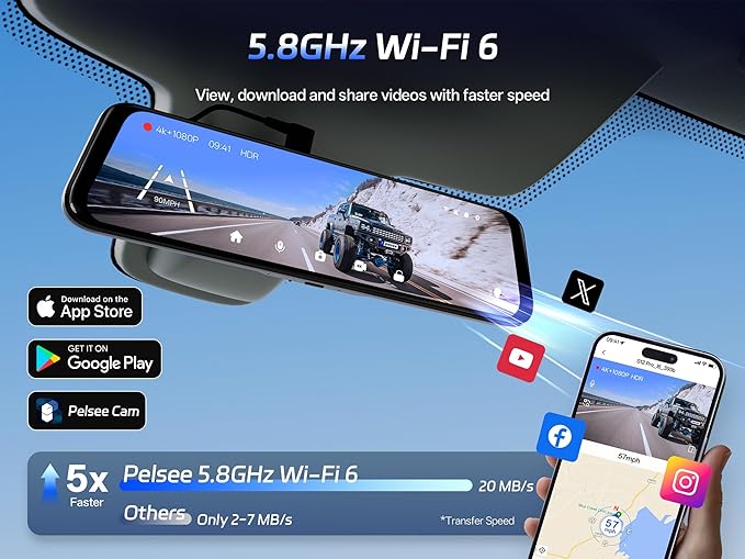 Pelsee S12 Pro Mirror Dash Cam with STARVIS 2 Sensor, Rear View Mirror Camera 5.8GHz WiFi, 4K Front and 1080P Rear Backup Camera for Car, ADAS &BSD, Voice Control, Color Night Vision, 64G Meomory Card