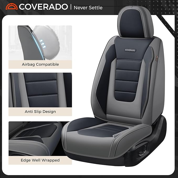 Coverado Car Seat Covers Full Set, Nappa Leather Seat Covers for Cars, Car Seat Protector Car Seat Cushion, Front and Back Seat Protectors Cushions Universal Fit for Most Cars Vehicles(Gray&Black)